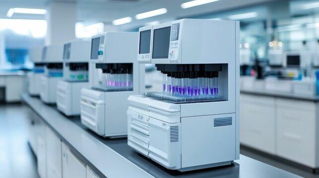 Chromatography equipment and machines in use at a professional laboratory setting with a deep depth of field to showcase the scientific apparatus and analytical techniques