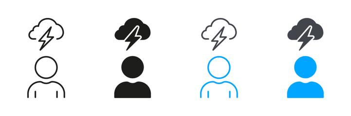 Man Brainstorming Line and Silhouette Icon Set. Thunder Storm with Cloud and Lightning. Creativity Think, Strategy Solution Symbol. Editable Stroke. Isolated Vector Illustration