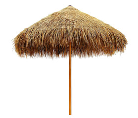 Straw beach umbrella for sun protection, isolated on transparent cutout background