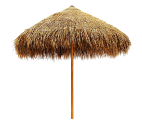 Straw beach umbrella for sun protection, isolated on transparent cutout background