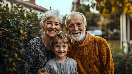 Heartwarming portrait of happy grandparents with their grandchild in garden. Joyful depiction of family, generational bond, and outdoor moments together