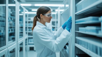 A focused lab worker diligently labeling and organizing various samples inside a refrigerator
