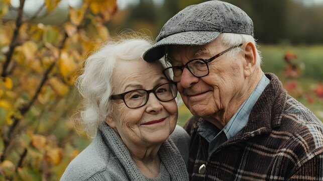 Cheerful elderly couple embracing outdoors on sunny autumn day, sharing smiles and laughter. Beautiful photo of happiness, love, and connection in senior relationships