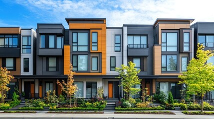 Fototapeta premium Front view of a row of modern townhouses, each with unique facades, large windows, and small landscaped front yards, capturing urban residential architecture