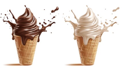 Milk ice cream in the cone, Pour chocolate syrup, transparent Vector