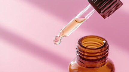 Close-up view of a dropper releasing essential oil above a small amber glass bottle on a soft pink background in natural light