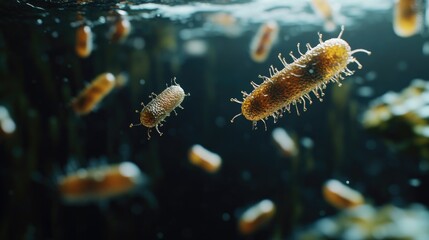 Fototapeta premium Close-up of harmful microorganisms and bacteria in murky water, set against a dark backdrop. The scene showcases the dangers of waterborne pathogens.