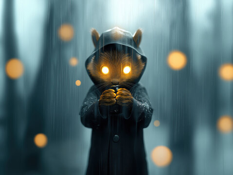 dark, eerie, dystopic cartoon spy chipmunk detective FBI in 3D anime animation characters for cartoon film movie  storyboard, character development concept