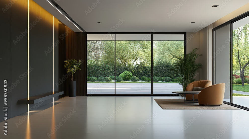 Wall mural a modern 2-storey home with an open floor plan, featuring large glass doors that open onto a spaciou