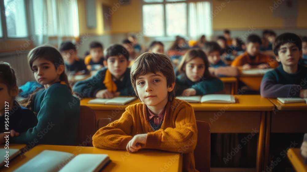Poster many students fill an overcrowded classroom, facing old educational resources as they strive for kno