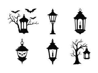 Spooky Halloween Lantern Silhouettes with Haunted Trees and Bats - Gothic Vector Clipart.