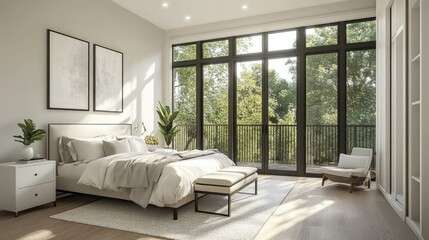 Interior of a modern townhouse featuring a spacious master bedroom with large windows, a balcony, and minimalist decor in neutral tones