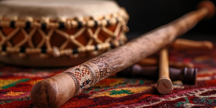 A traditional drum and flute rest on a richly patterned carpet, emphasizing cultural heritage, musical artistry, and the intricate beauty of hand-crafted instruments.