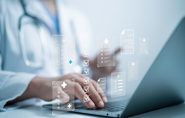 Medical performance checklist, Medical worker using laptop doing online checklist survey, filling...
