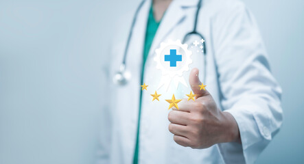 Concept of rating of medical services on the Internet concept.Button healthcare key rating on...