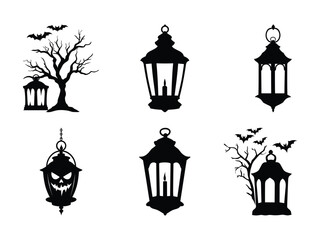 Spooky Halloween Lantern Silhouettes with Haunted Trees and Bats - Gothic Vector Clipart.