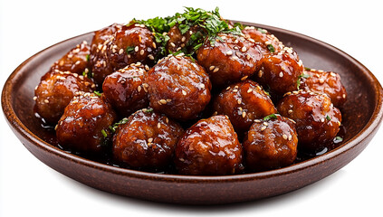 Korean meatballs with sauce on a brown plate, isolated against a white background