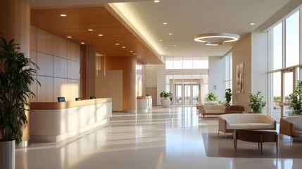 A modern hospital lobby with a spacious, open layout, comfortable seating, and a reception desk