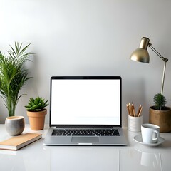 Fototapeta premium Minimalist workspace mockup with a blank laptop screen. perfect for showcasing website designs. app interfaces. or product presentations.