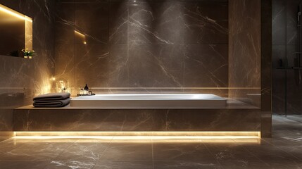 Luxurious modern bathroom with a built-in bathtub, large marble slabs on the walls, underfloor heating, and soft recessed lighting for a relaxing ambiance