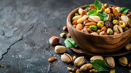 Food mix background, top view, copy space, banner. Assortment of nuts