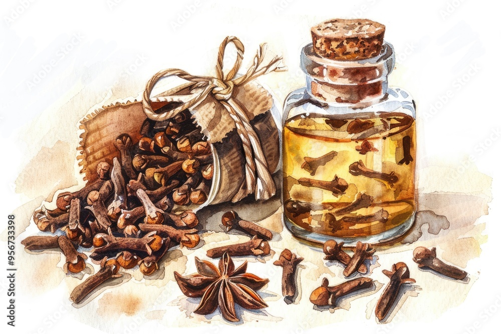 Poster Hand Drawn Watercolor Clove Tree Buds and Essential Oil Interaction for Aromatic Culinary Experience