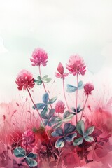 Hand Drawn Watercolor Floral Art of Red Clover Blossoms with Pink and Purple Tincture Bottle