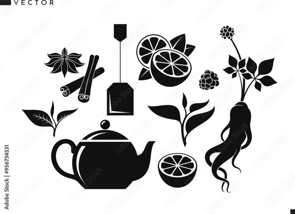 Sticker tea preparation icon set. tea collection