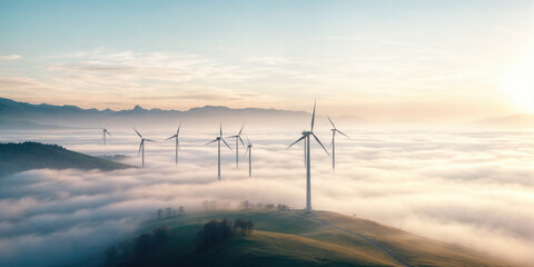Fototapeta premium Wind turbines generating clean energy above the clouds