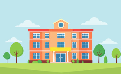 Flat design illustration of a modern school building surrounded by a green landscape and trees