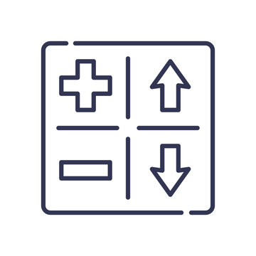 recommend clip art: Simple line art of a SWOT analysis grid with plus, minus, up, and down arrows representing strengths, weaknesses, opportunities, and threats.