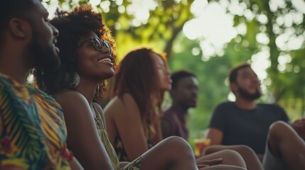 A group of diverse cheerful group of people sititng outdoors in summer during neighbourhood gathering laughing and talking as real life communication benefits