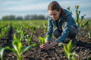 Young female farmer examining corn seedling in cultivated field