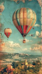 Fototapeta premium Vintage Hot Air Balloon Over Italian Countryside With Church