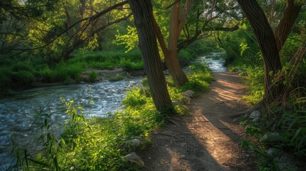 Naklejka premium riverbank, with the gentle sound of flowing water and the presence of lush riparian vegetation providing a soothing backdrop