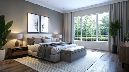 Fototapeta premium Modern bedroom with sleek furniture, neutral bedding, and large windows, showcasing a comfortable and inviting space for real estate photography