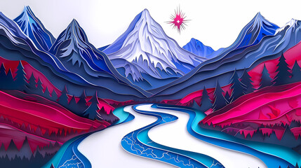 A stunning blue winding river with an electric current flowing through it leads to a snow-capped mountain with a star just above it.