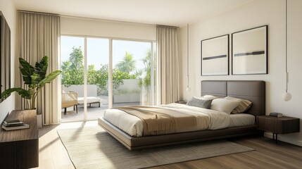Modern bedroom with sleek furniture, neutral bedding, and large windows, showcasing a comfortable and inviting space for real estate photography