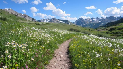 A nature trail through a high-altitude alpine meadow, with wildflowers, clear blue skies,