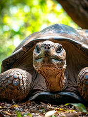Fototapeta premium A large tortoise is laying on the ground in a forest