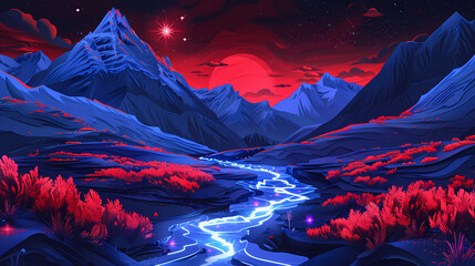Fototapeta premium A stunning blue winding river with an electric current flowing through it leads to a snow-capped mountain with a star just above it.