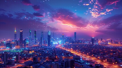 Beautiful New Riyadh Skyline after sunset. Riyadh city towers in Saudi Arabia .