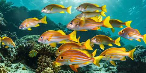 yellow tang fish in water with blue background 