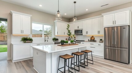 Modern kitchen in a luxury home with white cabinetry, a central island, and stainless steel appliances, showcasing a clean and sleek design