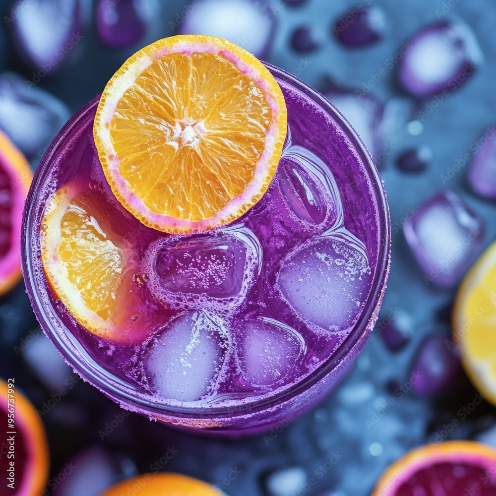 Wall mural Close-up of a refreshing purple drink with ice and a lemon slice garnish.