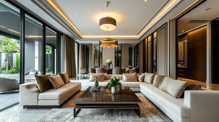 Fototapeta premium Modern living room in a Bangkok residence with stylish furniture and decor, photographed before being listed in the real estate market, April 27, 2015