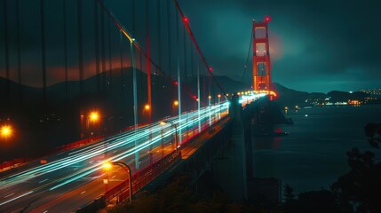 A nighttime view of the Golden Gate Bridge with long exposure, capturing the trails of car lights as they cross the bridge and the illuminated structure