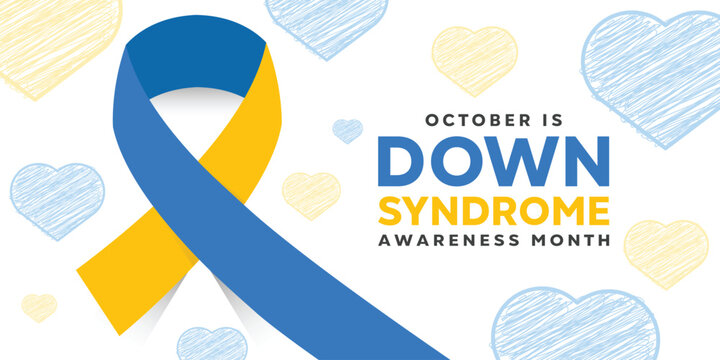 Down Syndrome Awareness Month. Ribbon and hearts. Great for cards, banners, posters, social media and more. White background.