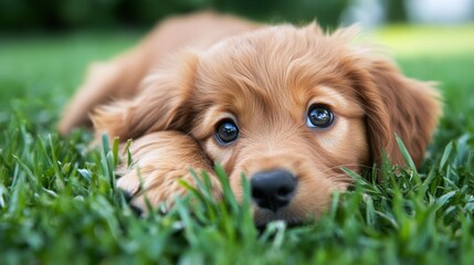 Cute Puppy Dog Laying in Green Grass.