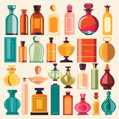 A set of retro perfume bottles in a flat vector style, featuring vintage designs and elegant details.